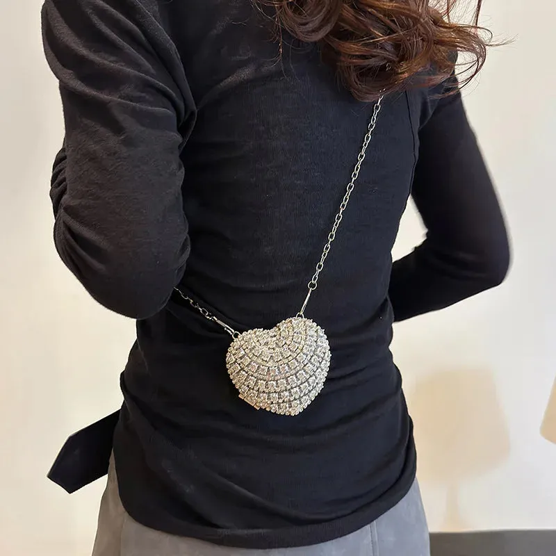 Luxury Mini Diamond Inlay Heart Shape Crystal Clutch Purse Stones Evening Wedding Party Shoulder Bag Handle Rhinestone Handbags