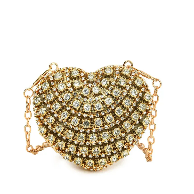 Luxury Mini Diamond Inlay Heart Shape Crystal Clutch Purse Stones Evening Wedding Party Shoulder Bag Handle Rhinestone Handbags