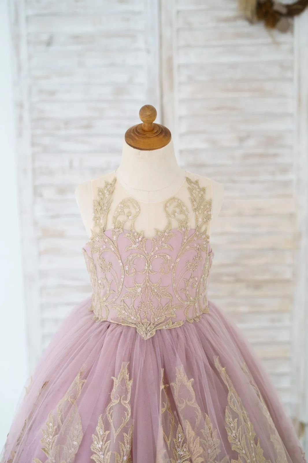 Mauve Tulle Gold Lace Sheer Back Wedding Flower Girl Dress Kids Pageant Gown