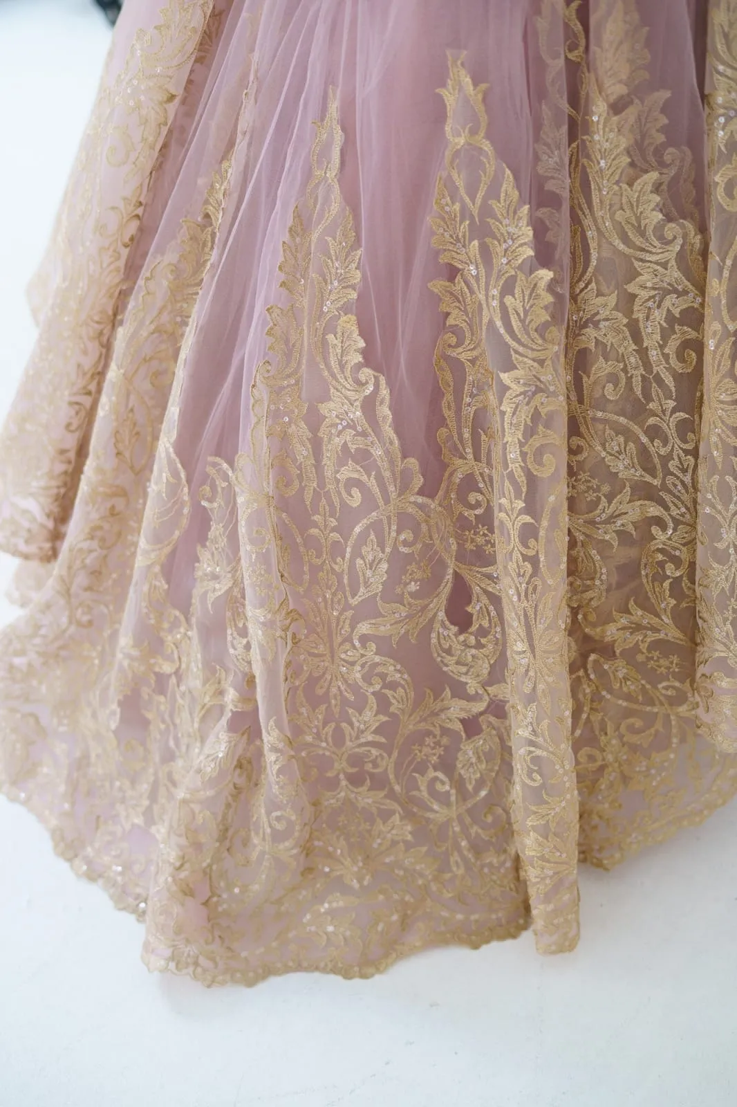 Mauve Tulle Gold Lace Sheer Back Wedding Flower Girl Dress Kids Pageant Gown