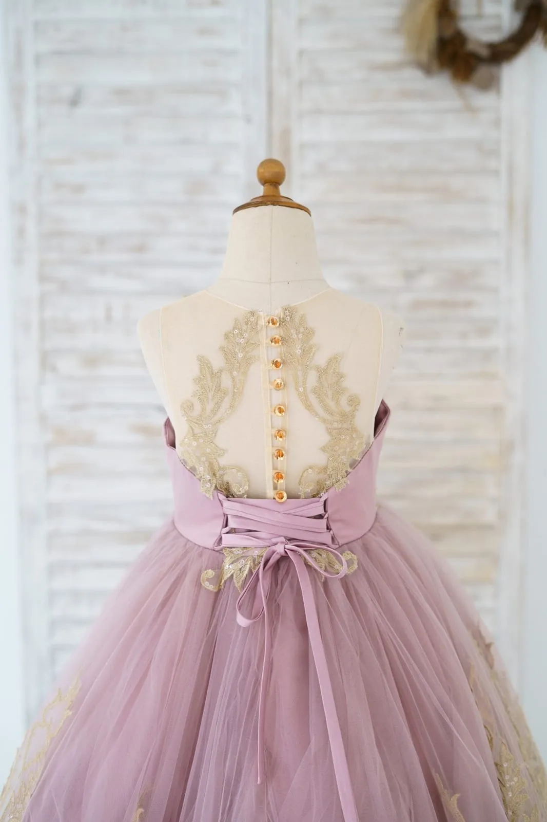 Mauve Tulle Gold Lace Sheer Back Wedding Flower Girl Dress Kids Pageant Gown