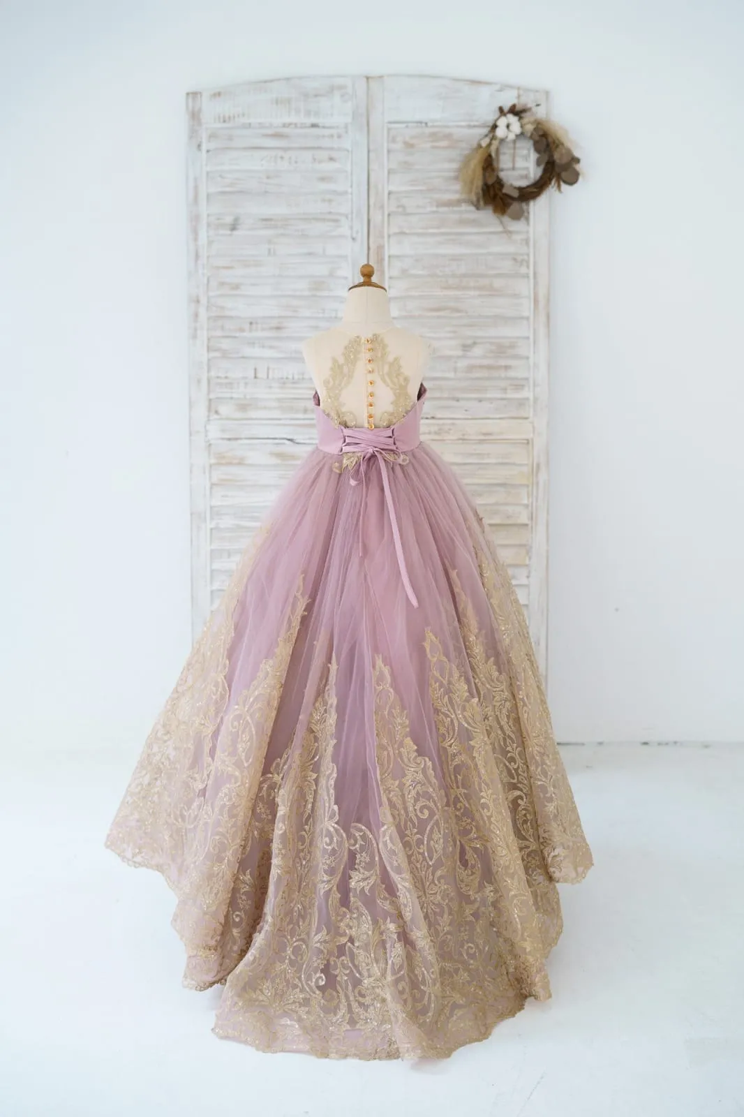 Mauve Tulle Gold Lace Sheer Back Wedding Flower Girl Dress Kids Pageant Gown