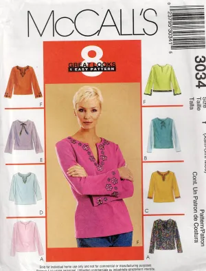 McCall's 3032 Womens EASY Pullover Caftan Tops Out Of Print Sewing Pattern Size XS - MED UNCUT Factory Folded
