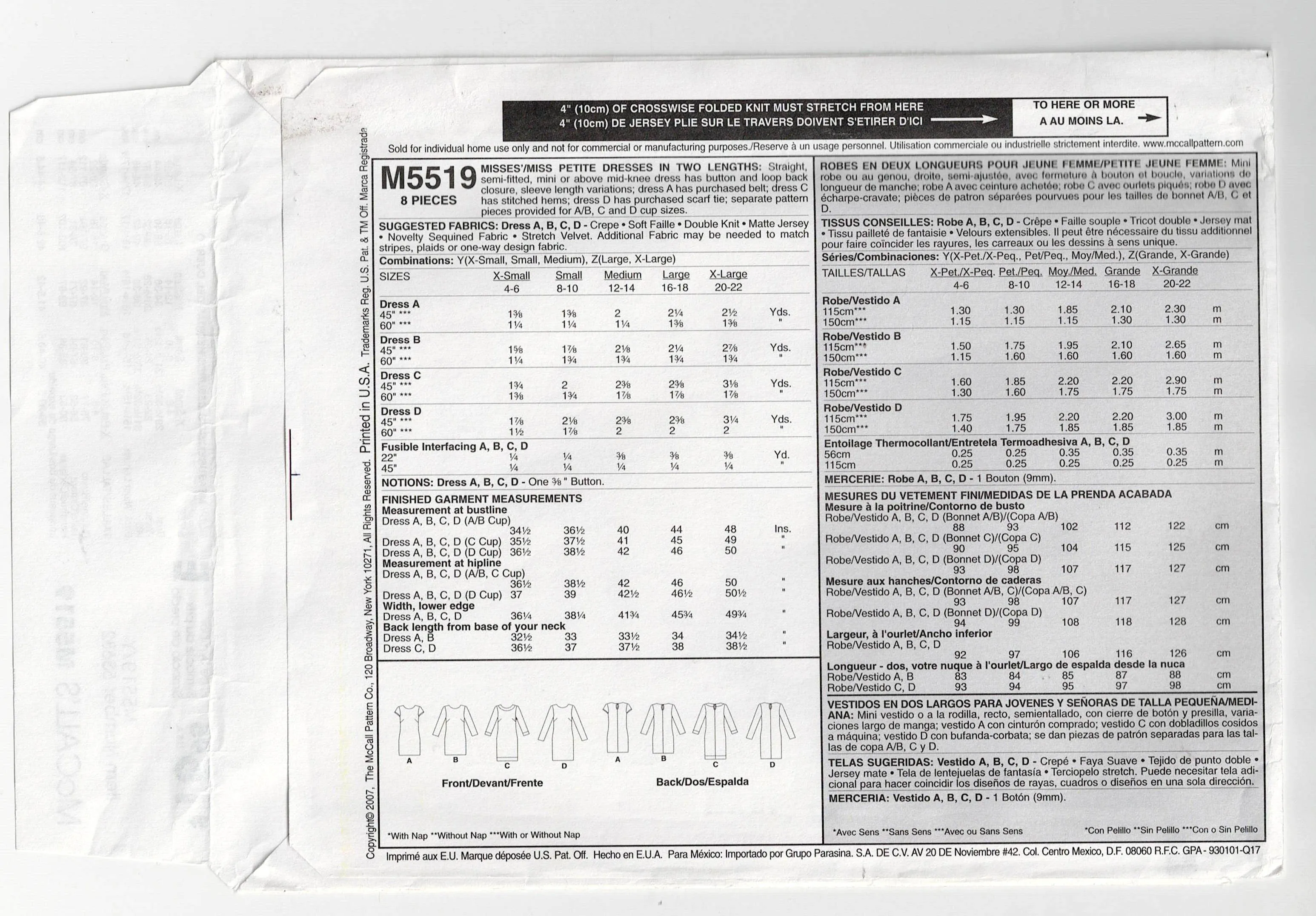 McCall's 5519 Womens EASY 1 Hour Slim Dress Out Of Print Sewing Pattern Size XS - MED UNCUT Factory Folded