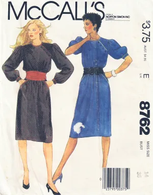 McCall's 8762 Womens Puff Sleeved Asymmetric Buttoned Dress & Cummerbund 1980s Vintage Sewing Pattern Size 14 Bust 36 inches UNCUT Factory Folded