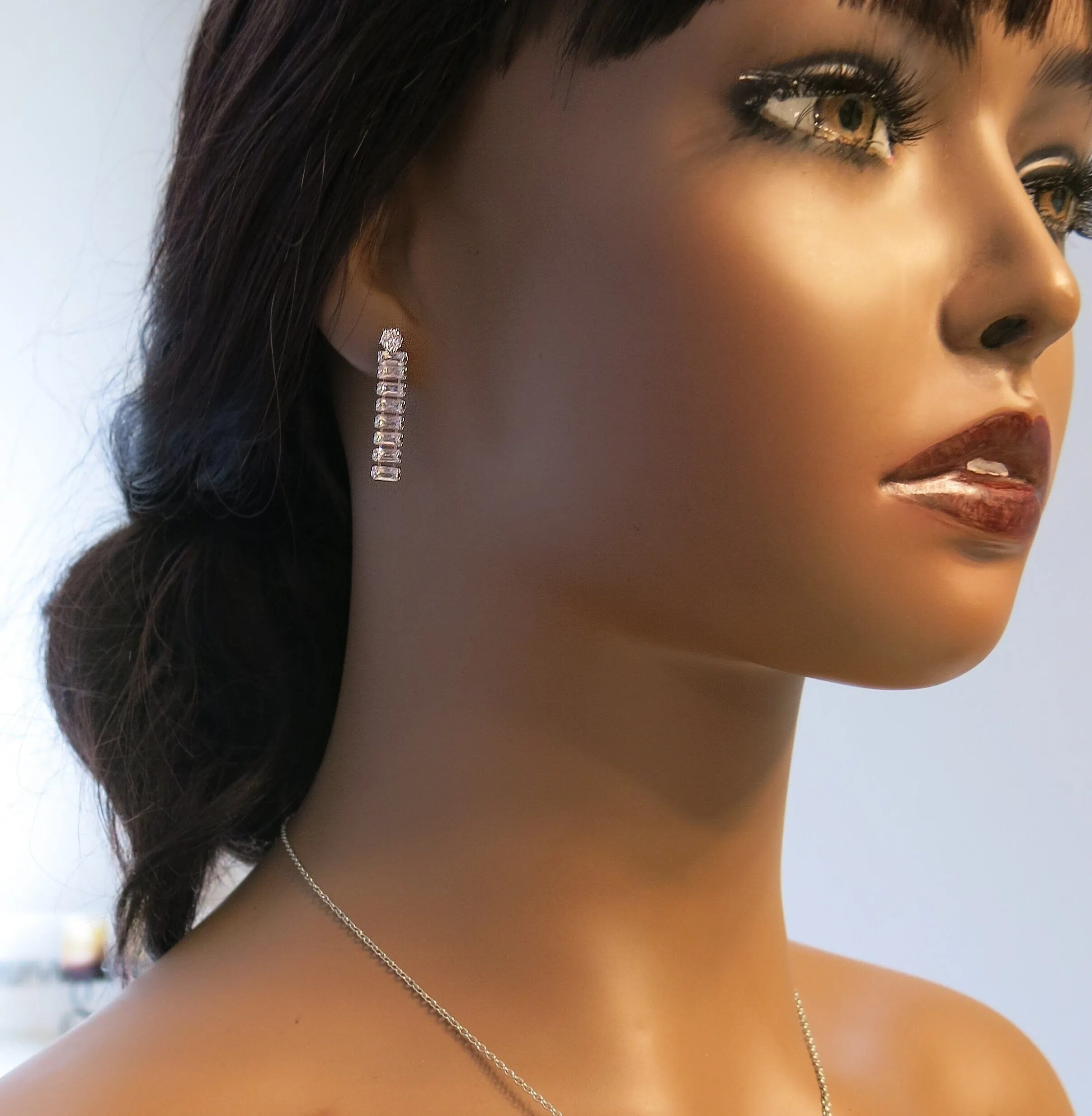 Medium Crystal Hoop Earrings, Baguette Cut CZ Crystal Stud Earrings, Bridal Huggie Hoop Earrings