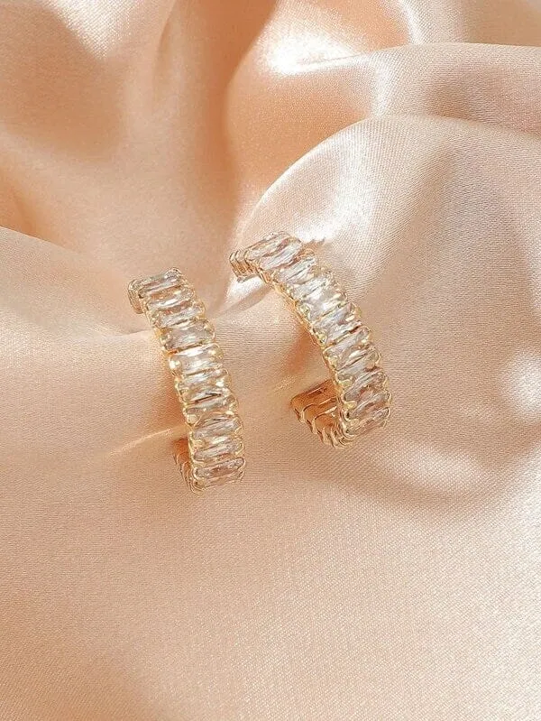 Medium Crystal Hoop Earrings, Baguette Cut CZ Crystal Stud Earrings, Bridal Huggie Hoop Earrings