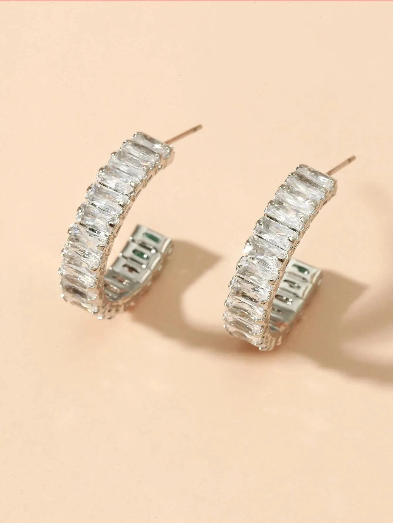 Medium Crystal Hoop Earrings, Baguette Cut CZ Crystal Stud Earrings, Bridal Huggie Hoop Earrings