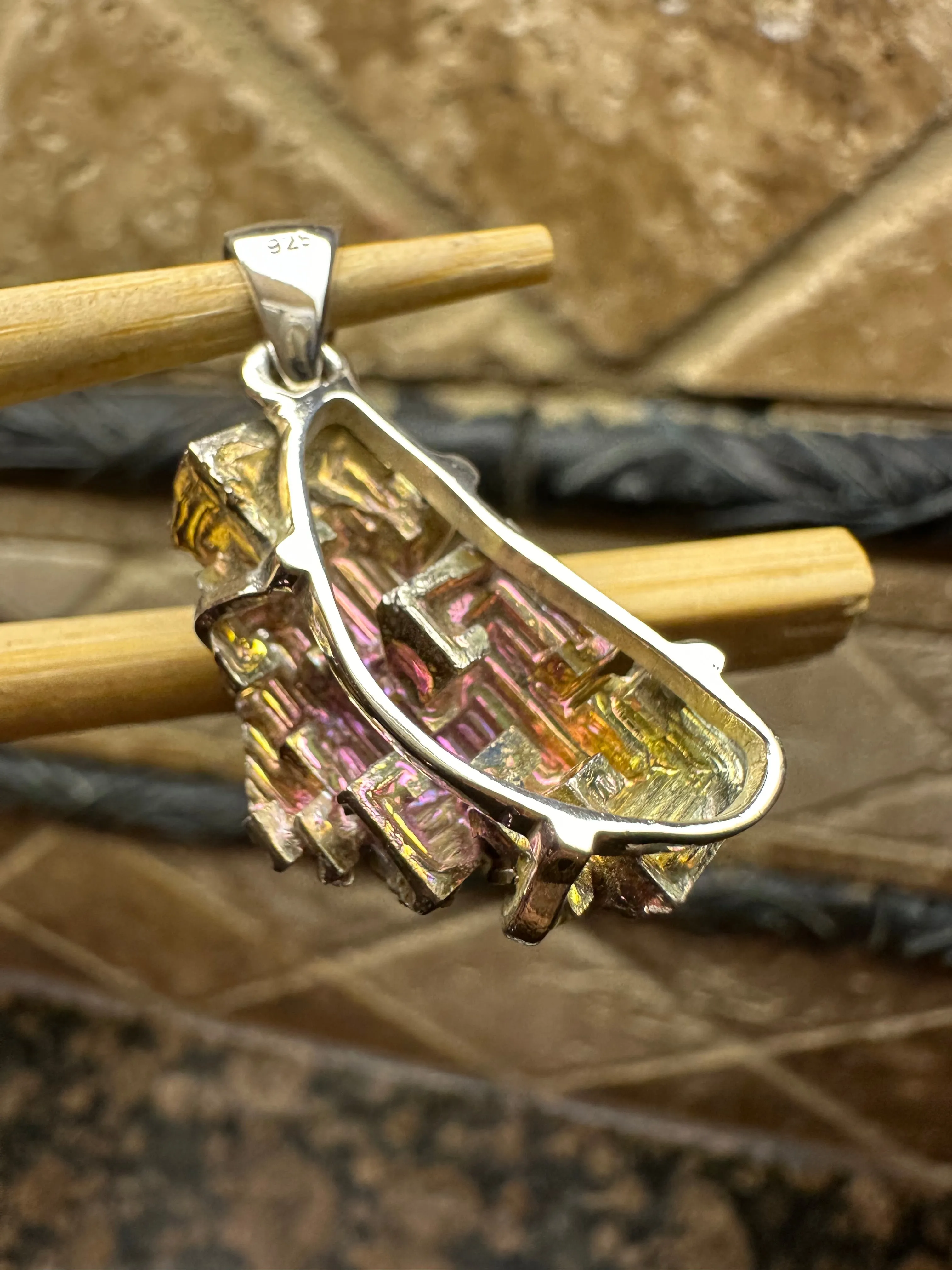 Natural Bismuth Crystal 925 Solid Sterling Silver Pendant 30mm