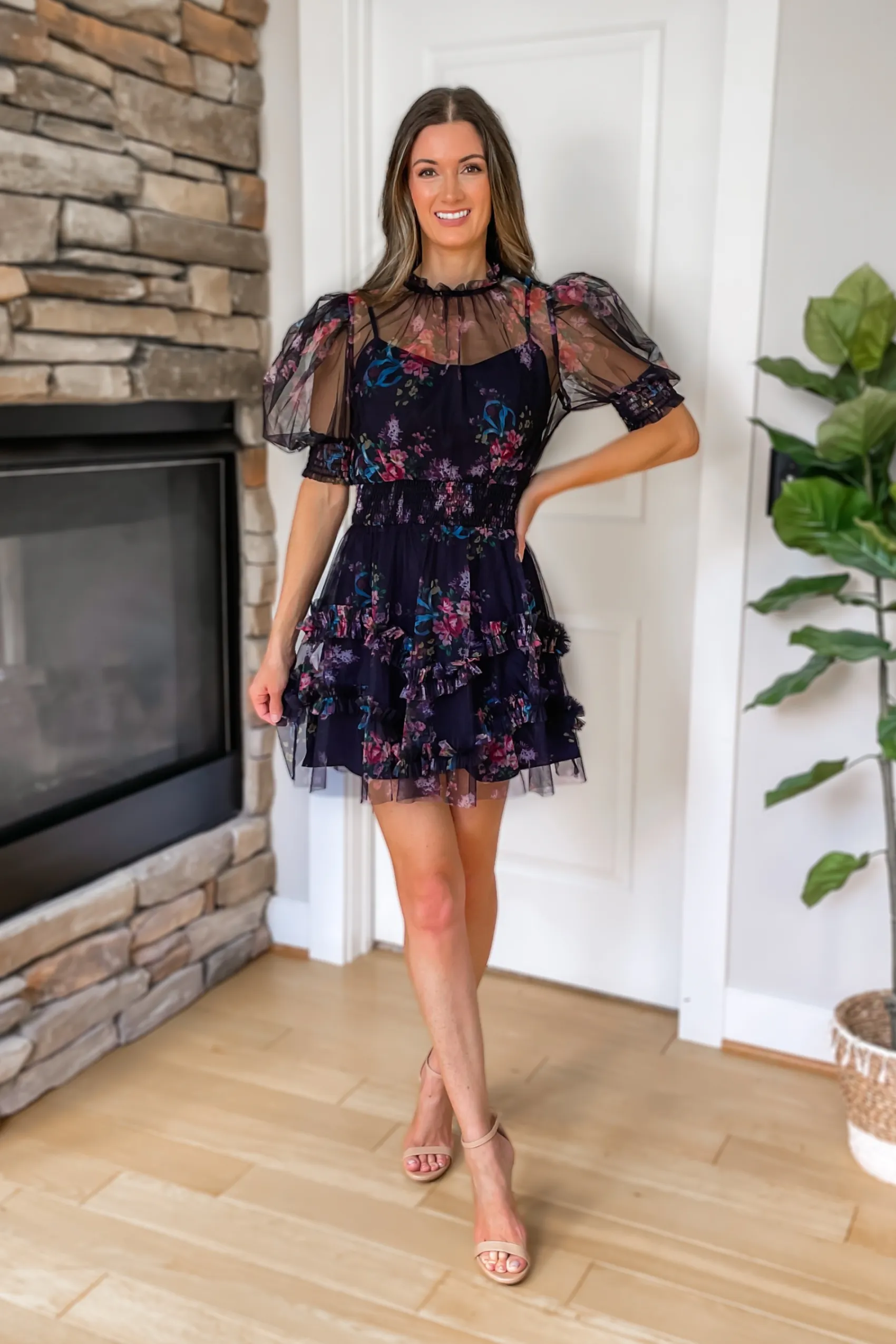 Navy Puff Sleeve Floral Mesh Overlay Mini Dress