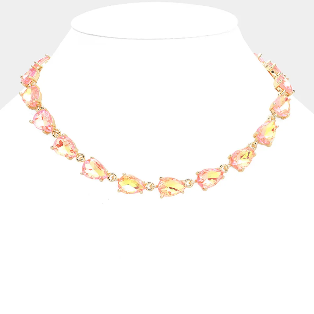 Neon Coral AB Teardrop Cluster Link Pageant Necklace  | Homecoming Necklace | Homecoming Jewelry |  631305