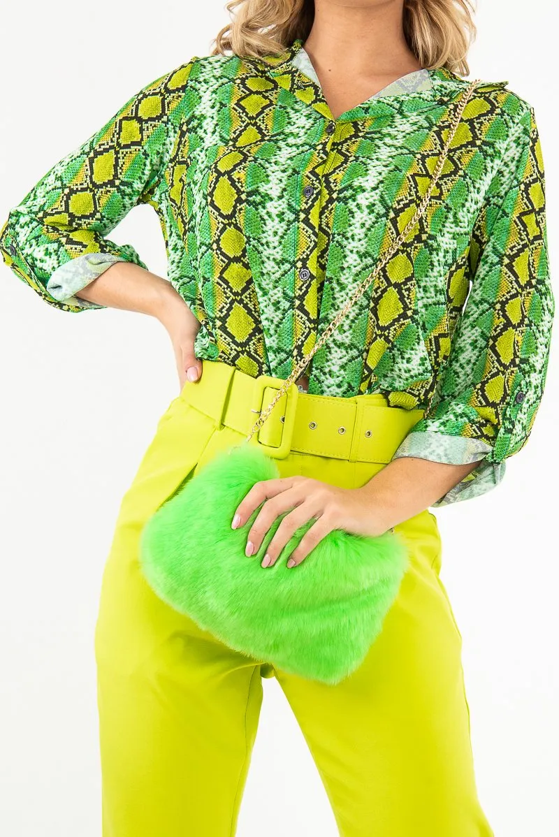 Neon Green Faux Fur Gold Chain Bag - Isaiah