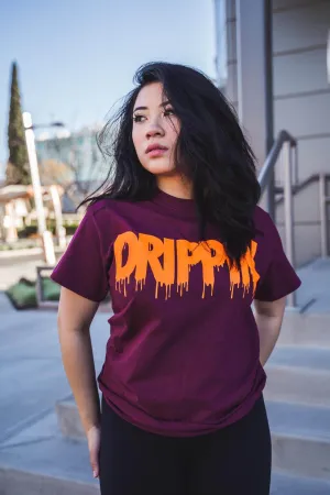 Neon Orange Drippin | Maroon Tee