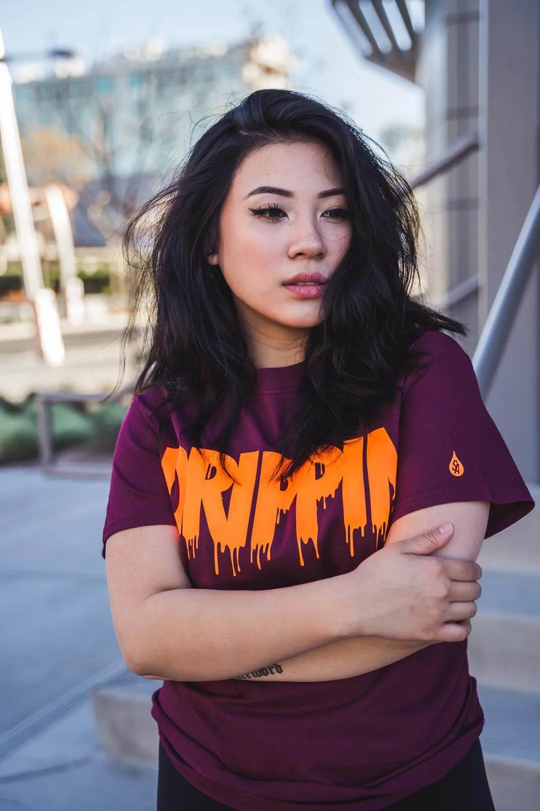 Neon Orange Drippin | Maroon Tee