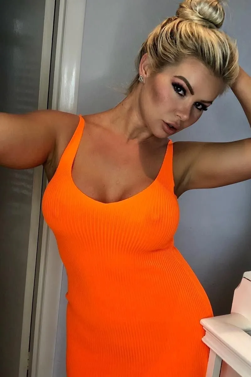 Neon Orange Rib Knit V Neck Mini Dress - Amylia