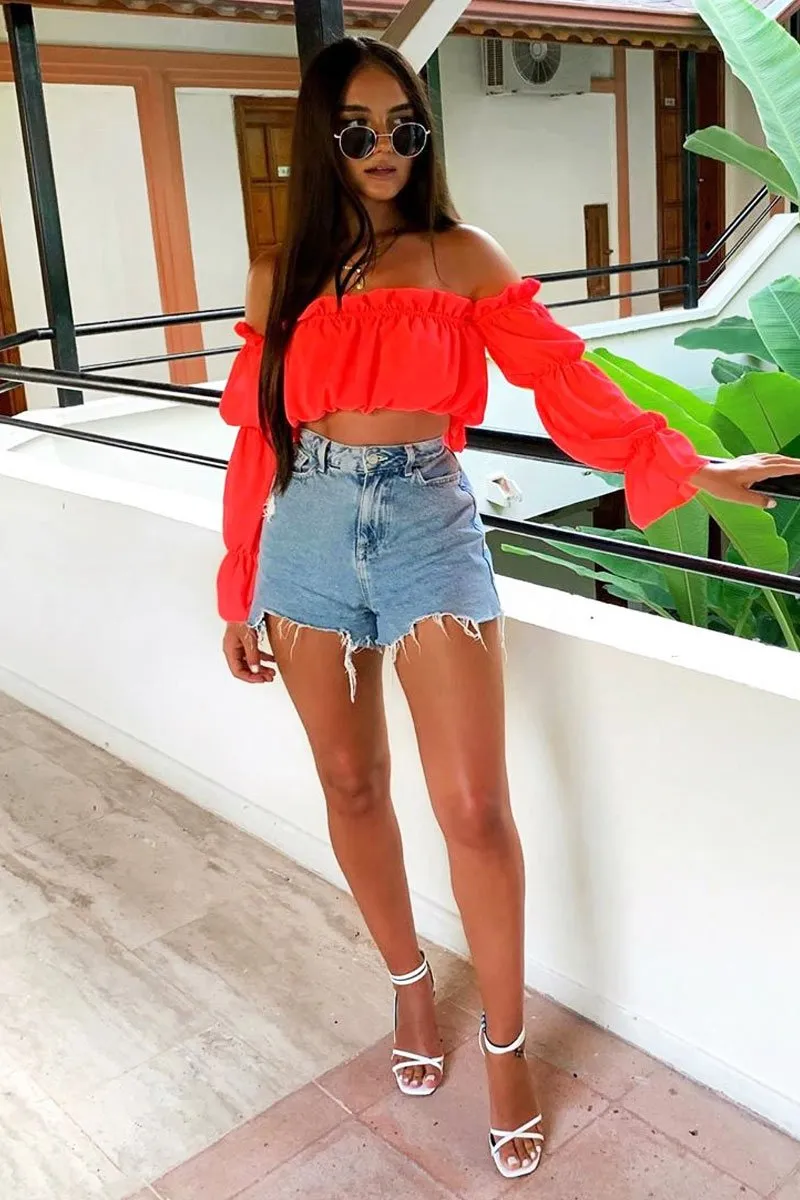 Neon Orange Ruffle Bardot Crop Top - Ammie