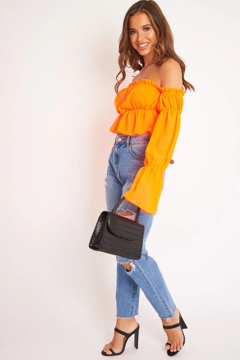 Neon Orange Ruffle Bardot Crop Top - Ammie
