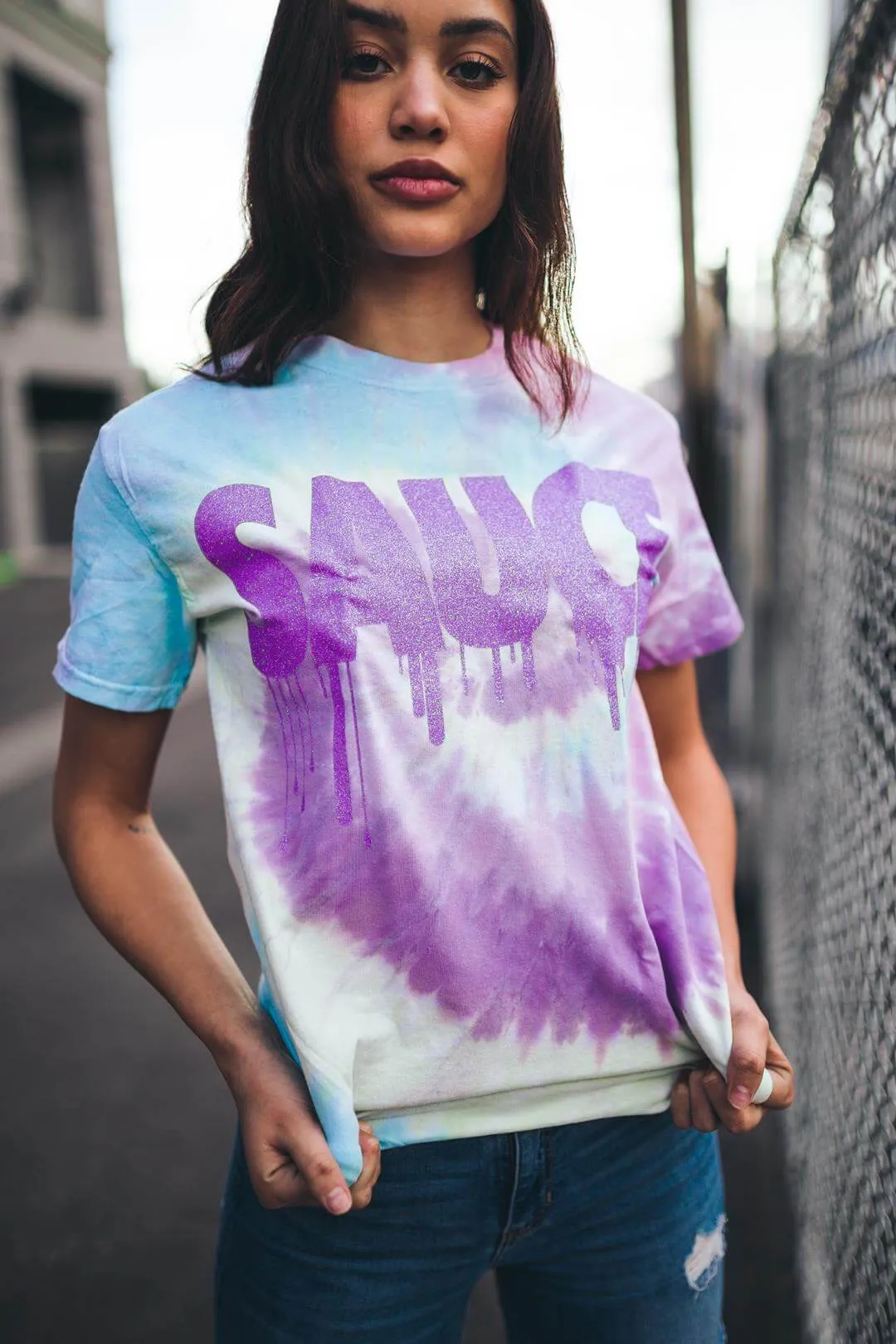 Neon Purple Glitter Sauce | Jelly Lavender Sky Tee