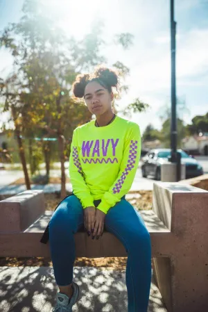Neon Purple Glitter Wavy | Neon Yellow Long Sleeve Tee (Solid Checkered Drippin Sleeve)