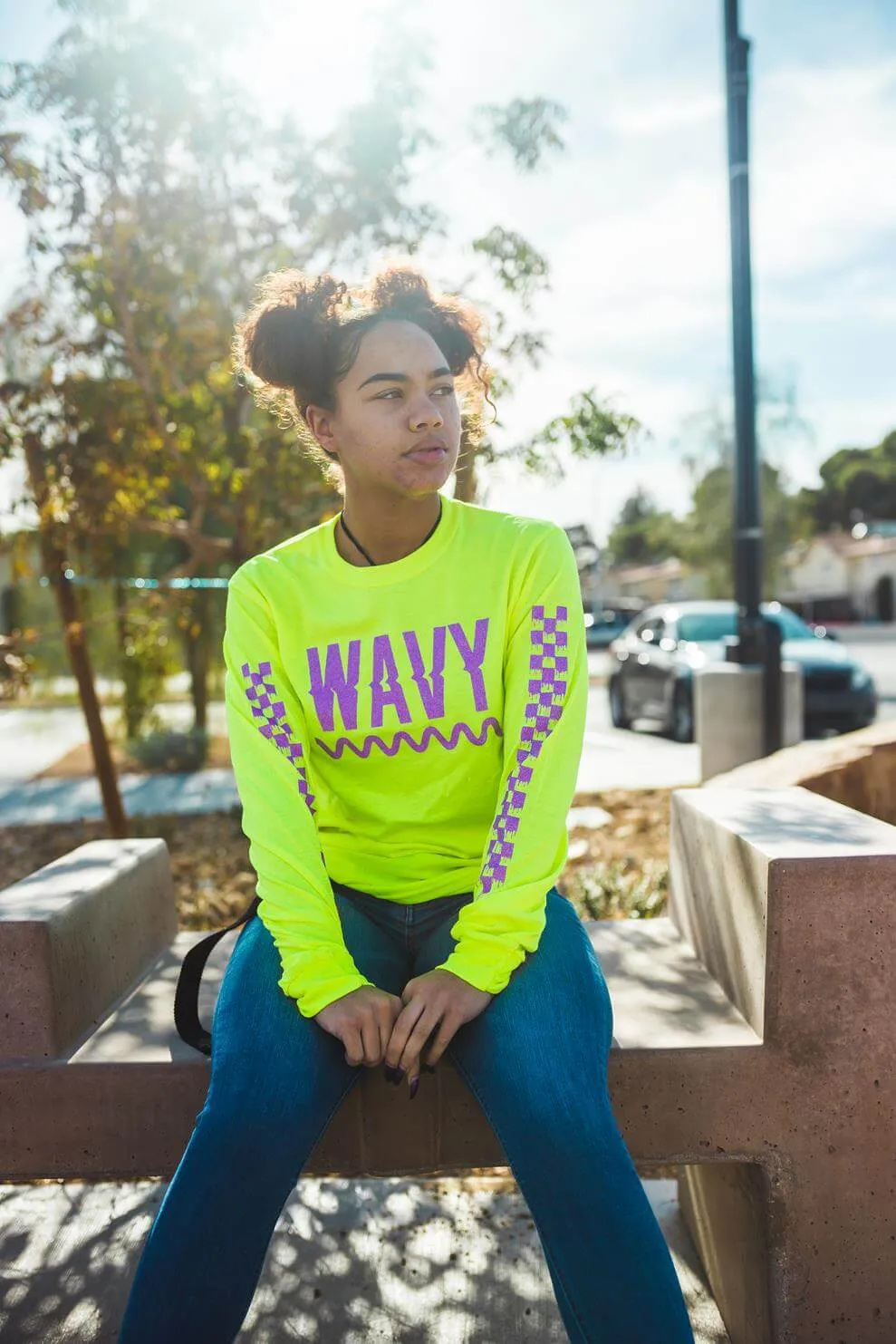 Neon Purple Glitter Wavy | Neon Yellow Long Sleeve Tee (Solid Checkered Drippin Sleeve)