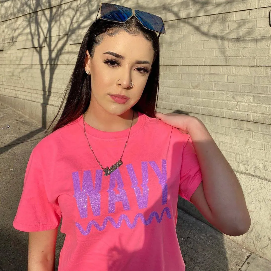 Neon Purple Glitter Wavy | Pink Tee