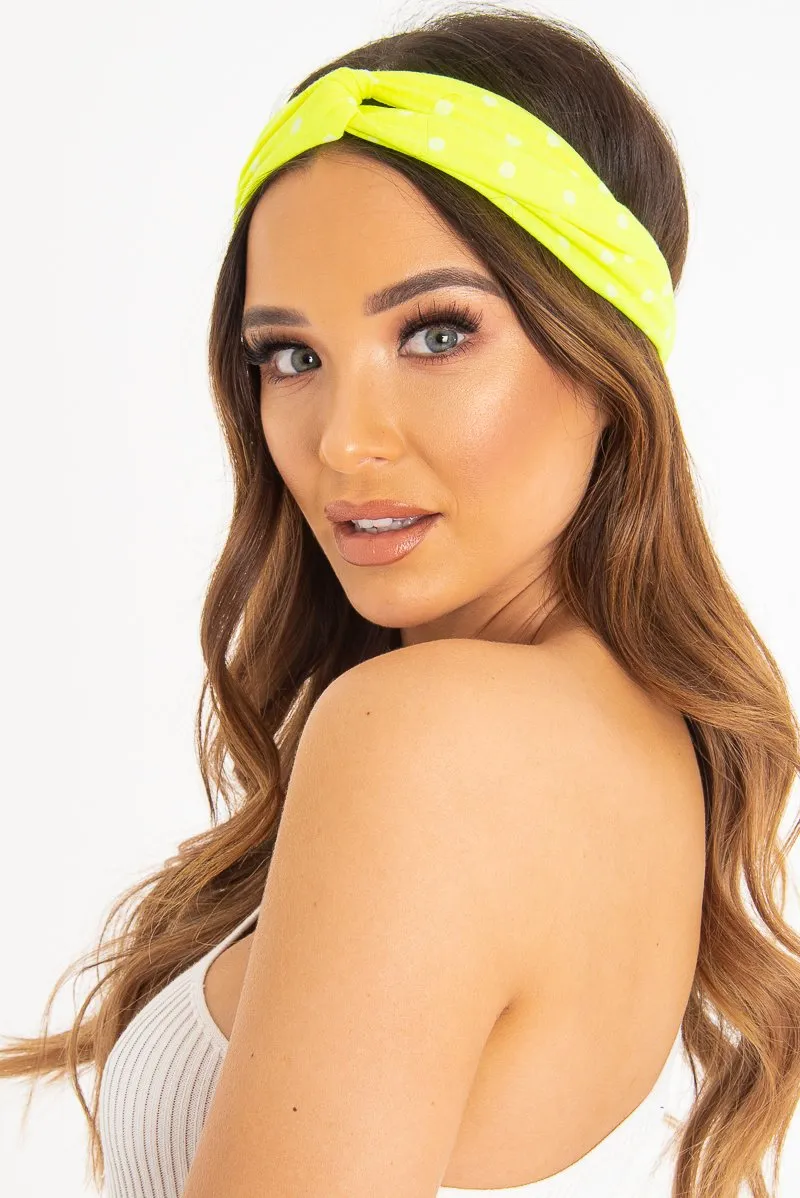 Neon Yellow Polka Dot Twist Headband - Kentlee