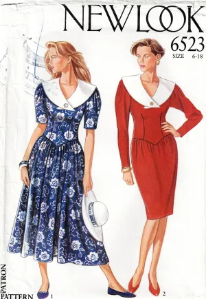 New Look 6523 Womens Juliet Sleeved Wide Collar Dress 1980s Vintage Sewing Pattern Size 6 - 18 UNCUT Factory Folded