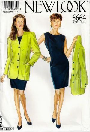 New Look 6664 Womens Classic Sheath Dress & Longline Jacket 1990s Vintage Sewing Pattern Size 8 - 18 UNCUT Factory Folded