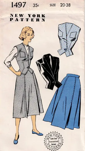 New York 1497 RARE Womens Westkit & Skirt 1950s Vintage Sewing Pattern Bust 38 inches UNUSED Factory Folded