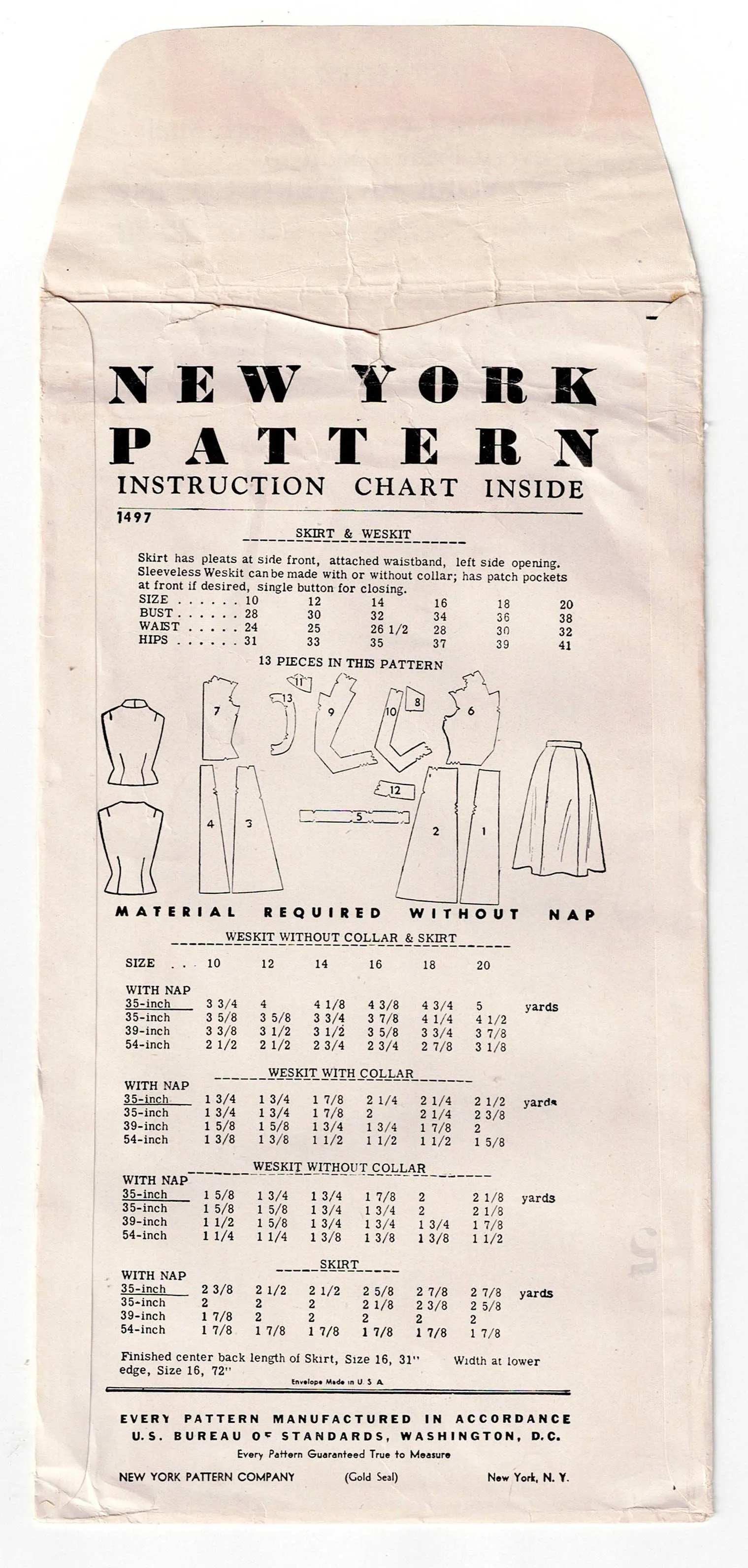 New York 1497 RARE Womens Westkit & Skirt 1950s Vintage Sewing Pattern Bust 38 inches UNUSED Factory Folded