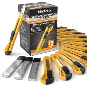 Nicpro 15 Pack Utility Knives Box, Retractable Razor Knife with Safety lock, with 30 Pcs Extra Snap Off Blades