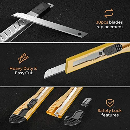 Nicpro 15 PCS Utility Knife Box Cutters Retractable Razor Knife 9mm with 30 PCS Extra Snap Off Blades for Lightweight Office, Home, Arts Crafts, Hobby