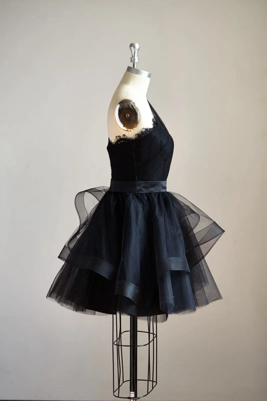 One Shoulder Black Lace Tulle Short Knee Prom Dress Cocktail Party Dress