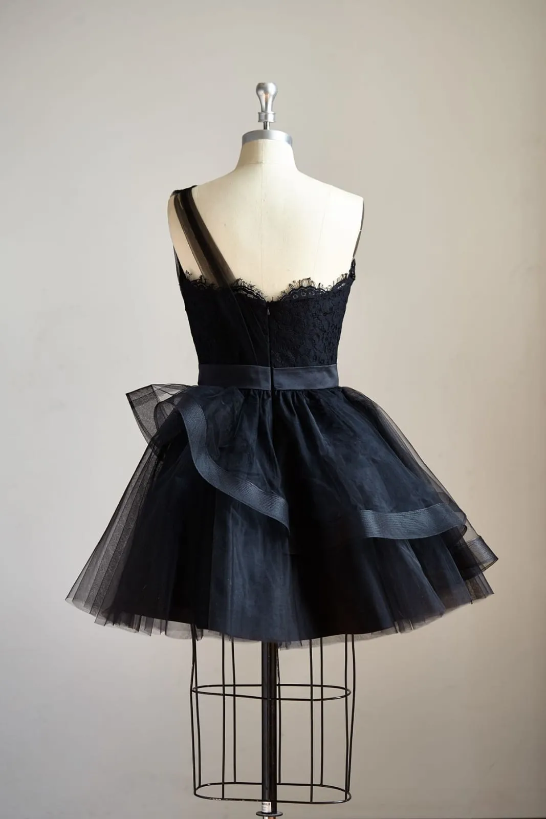 One Shoulder Black Lace Tulle Short Knee Prom Dress Cocktail Party Dress