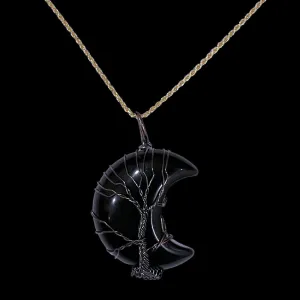 Onyx Crystal Gemstone Crescent Moon "Tree of Life" Cabochon Necklace