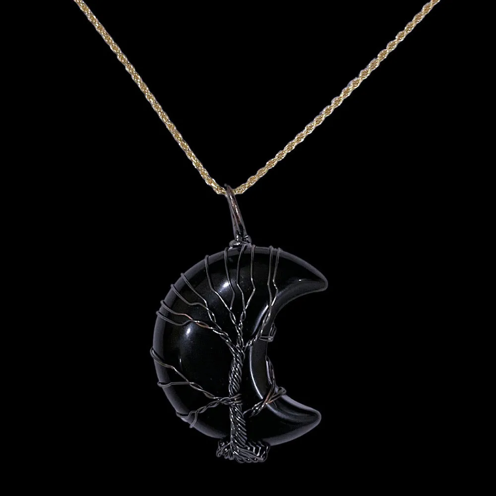 Onyx Crystal Gemstone Crescent Moon "Tree of Life" Cabochon Necklace