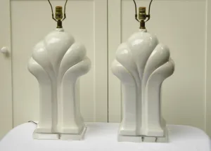 Pair Big White Hollywood Regency Deco Ceramic Lamps with Lucite Bases