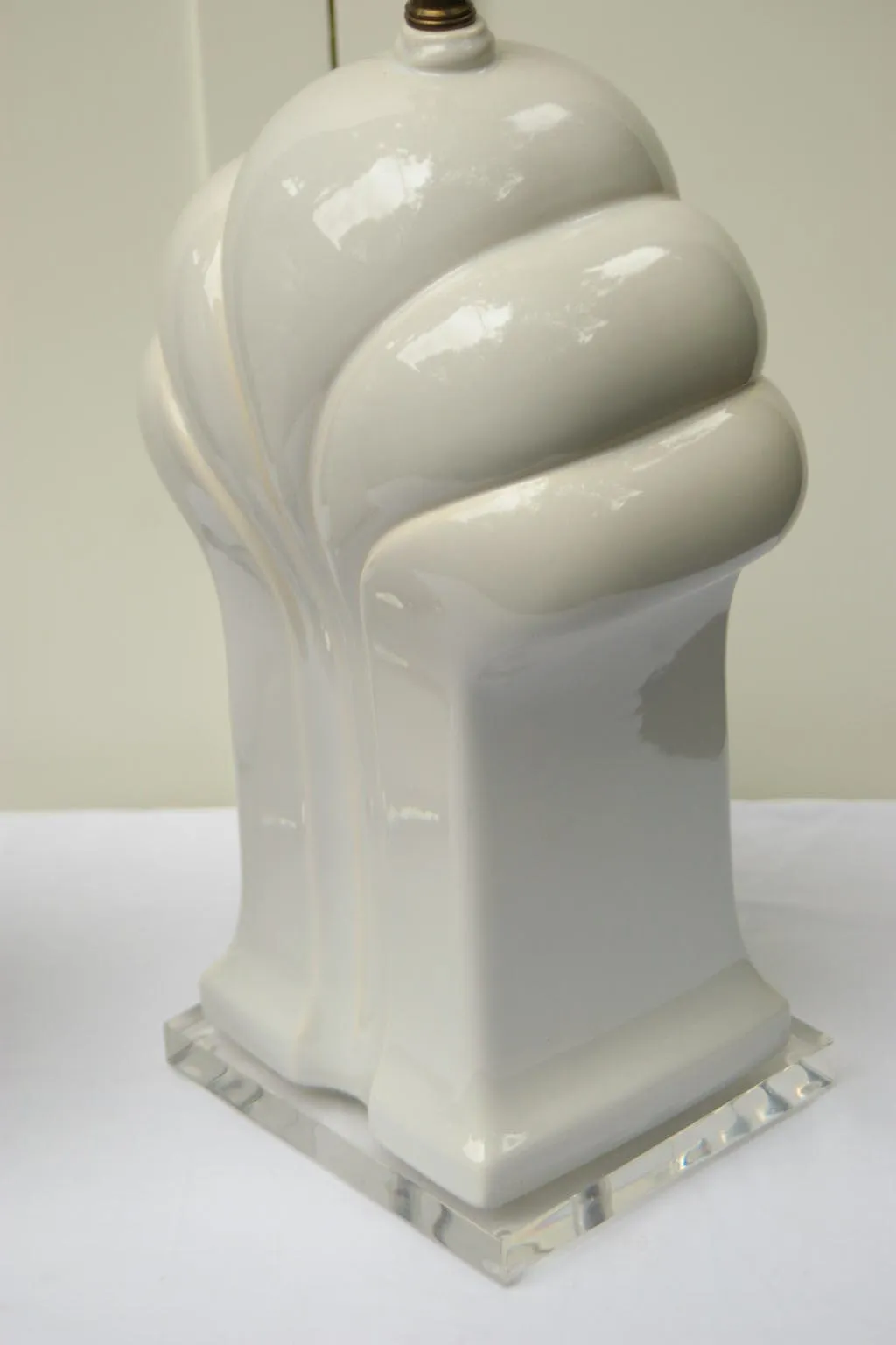 Pair Big White Hollywood Regency Deco Ceramic Lamps with Lucite Bases