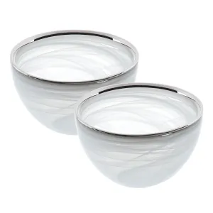 Pair of White Alabaster Bowls Silver Trim