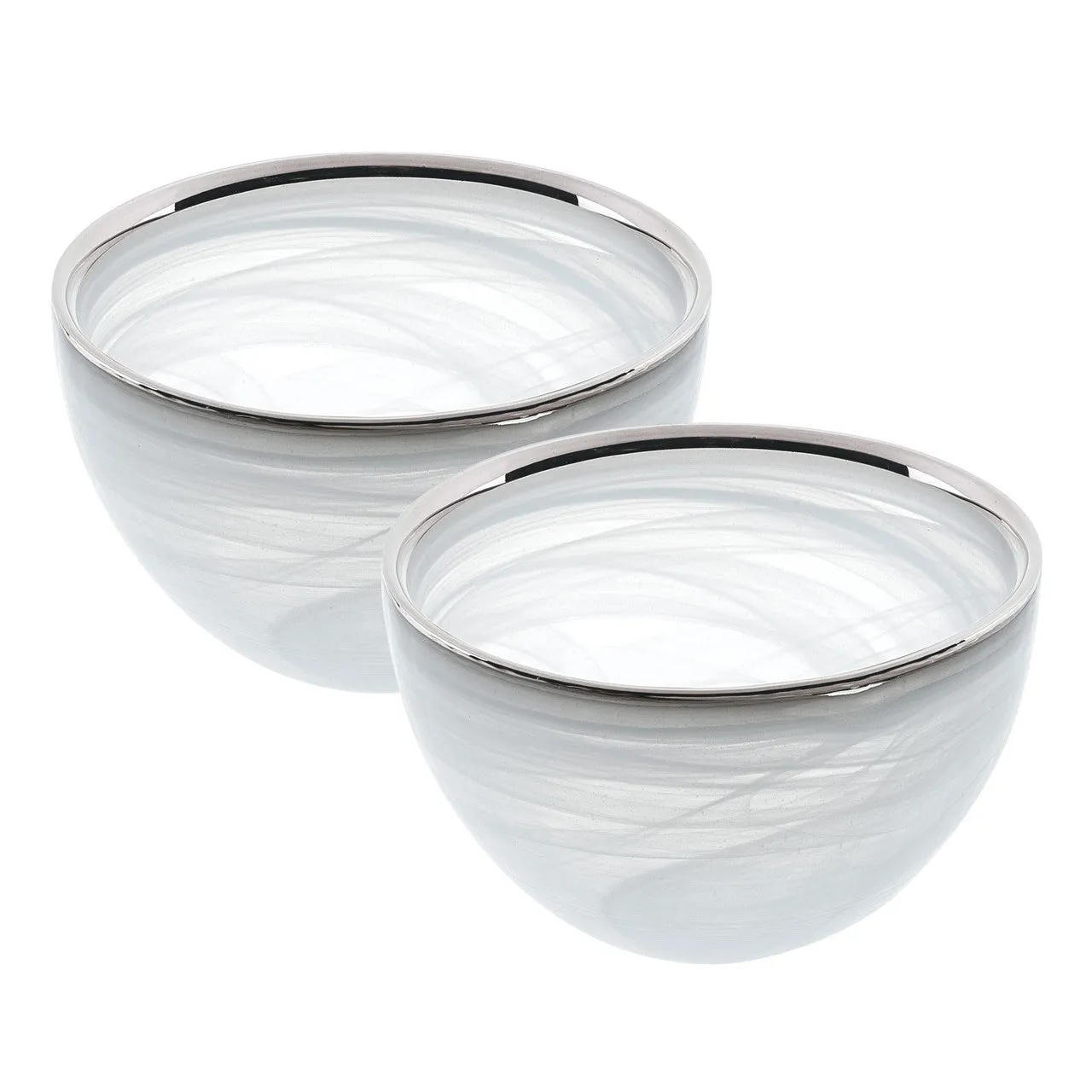 Pair of White Alabaster Bowls Silver Trim