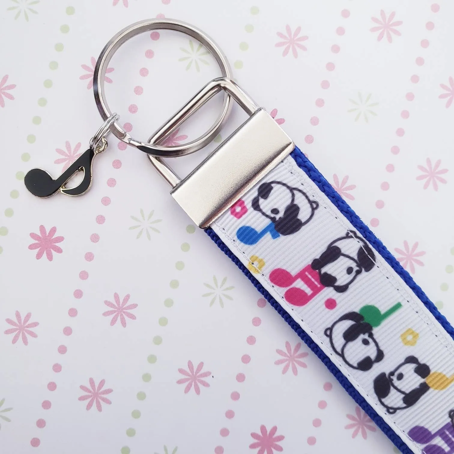 Pandas Sitting on Notes Key Chain Fob with Enameled Note Charm