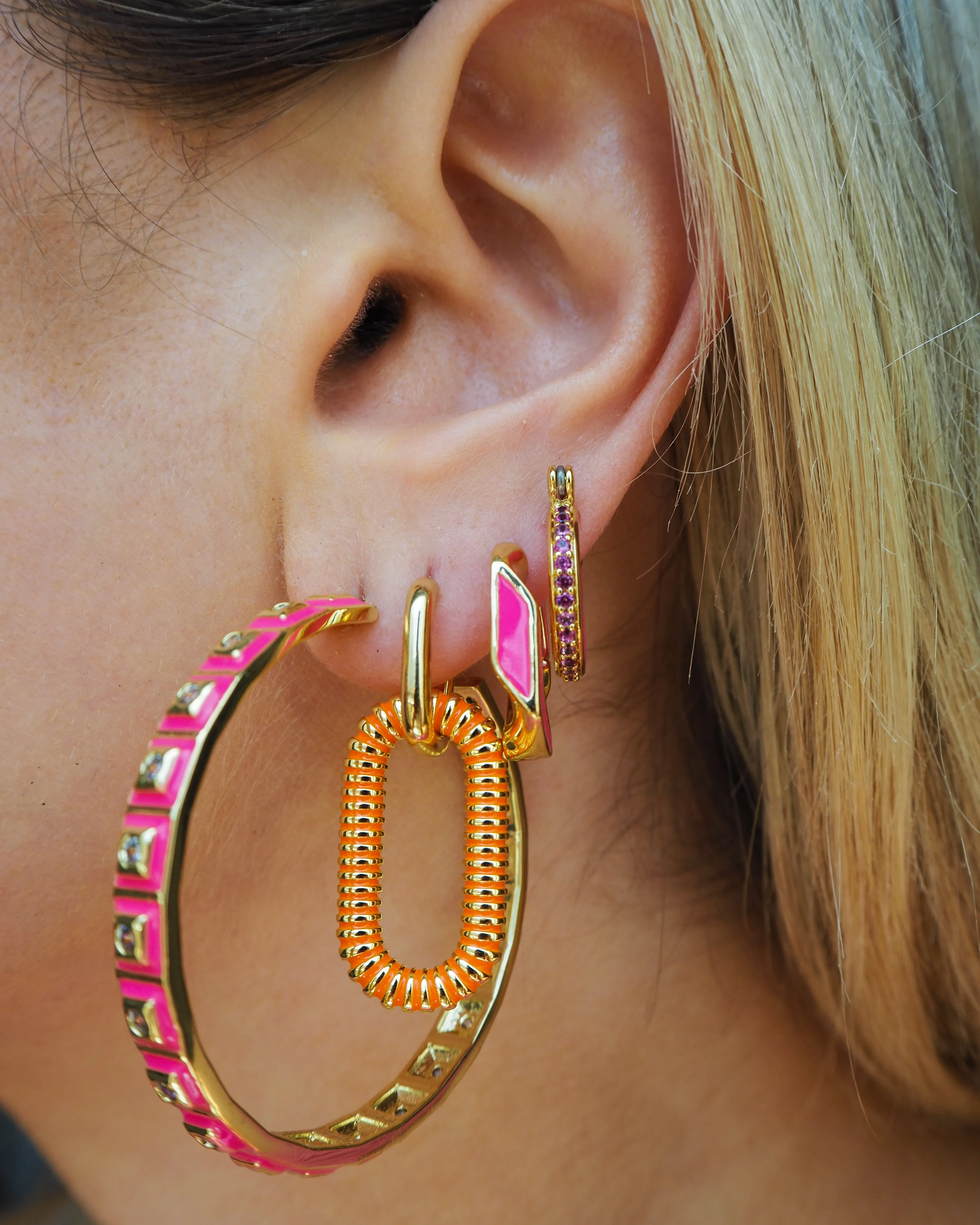 Pave Cuban Link Hoops- Hot Pink- Gold