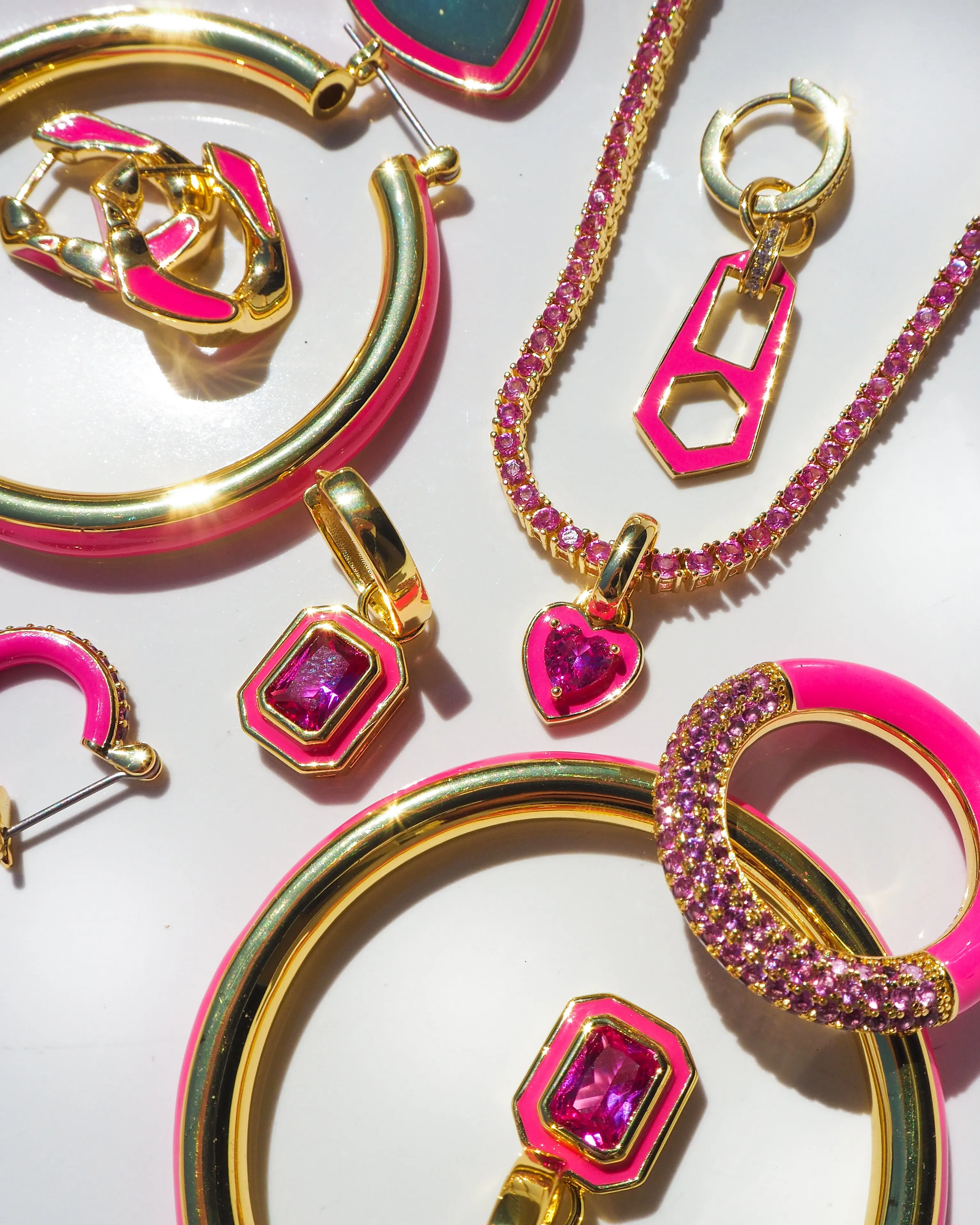 Pave Cuban Link Hoops- Hot Pink- Gold