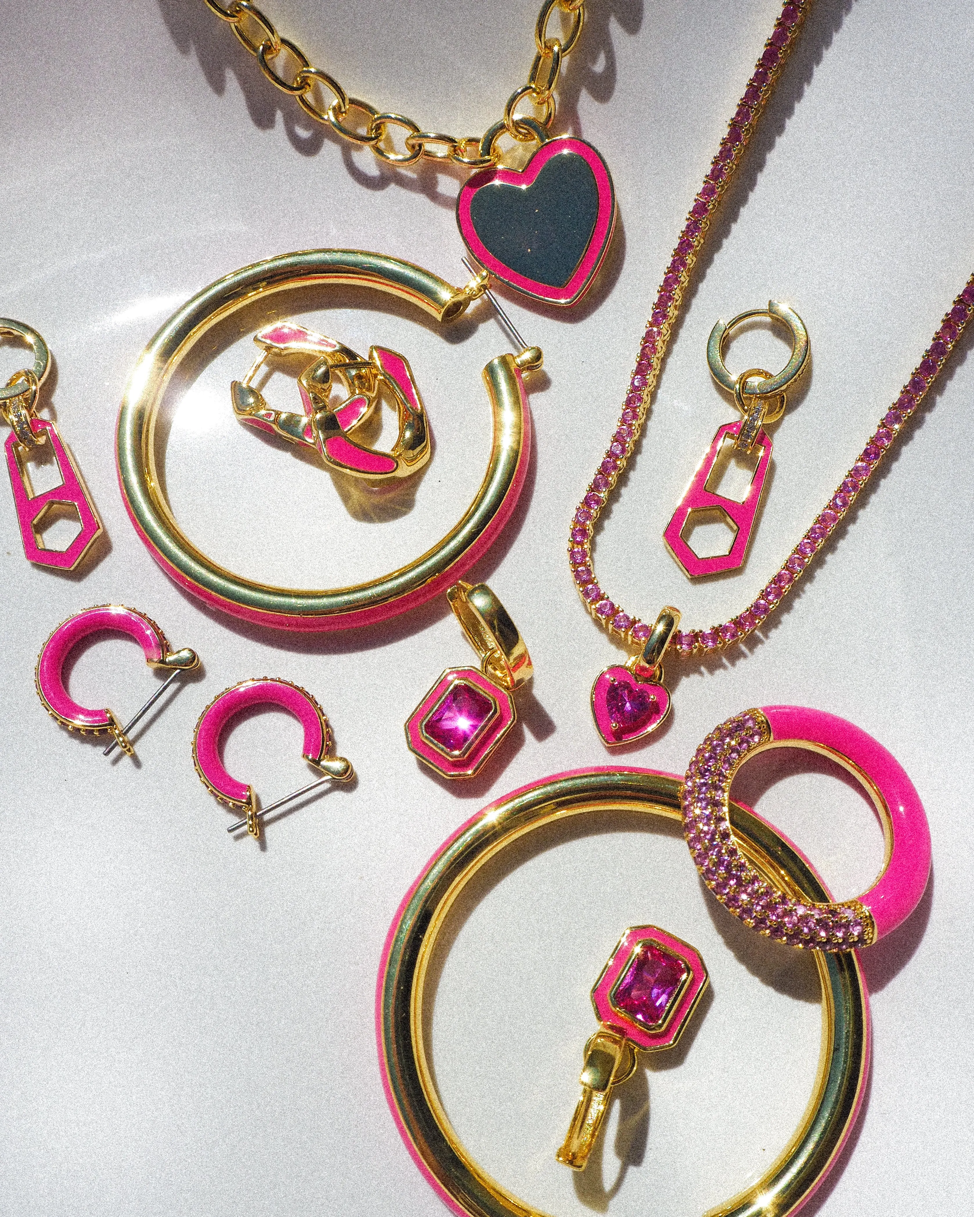 Pave Cuban Link Hoops- Hot Pink- Gold