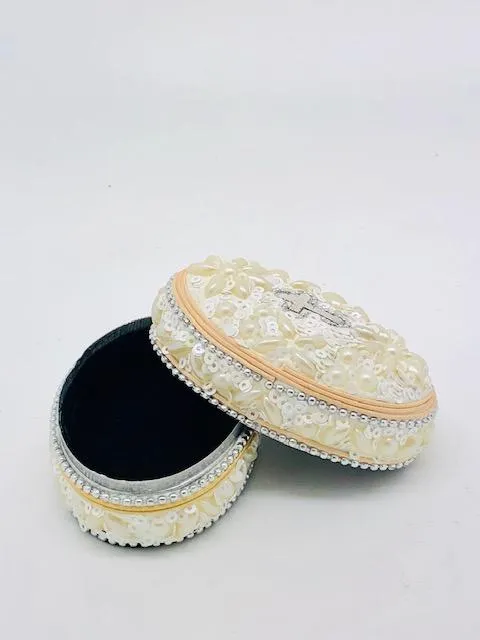 Pearl and Cross Rosary Box Oval