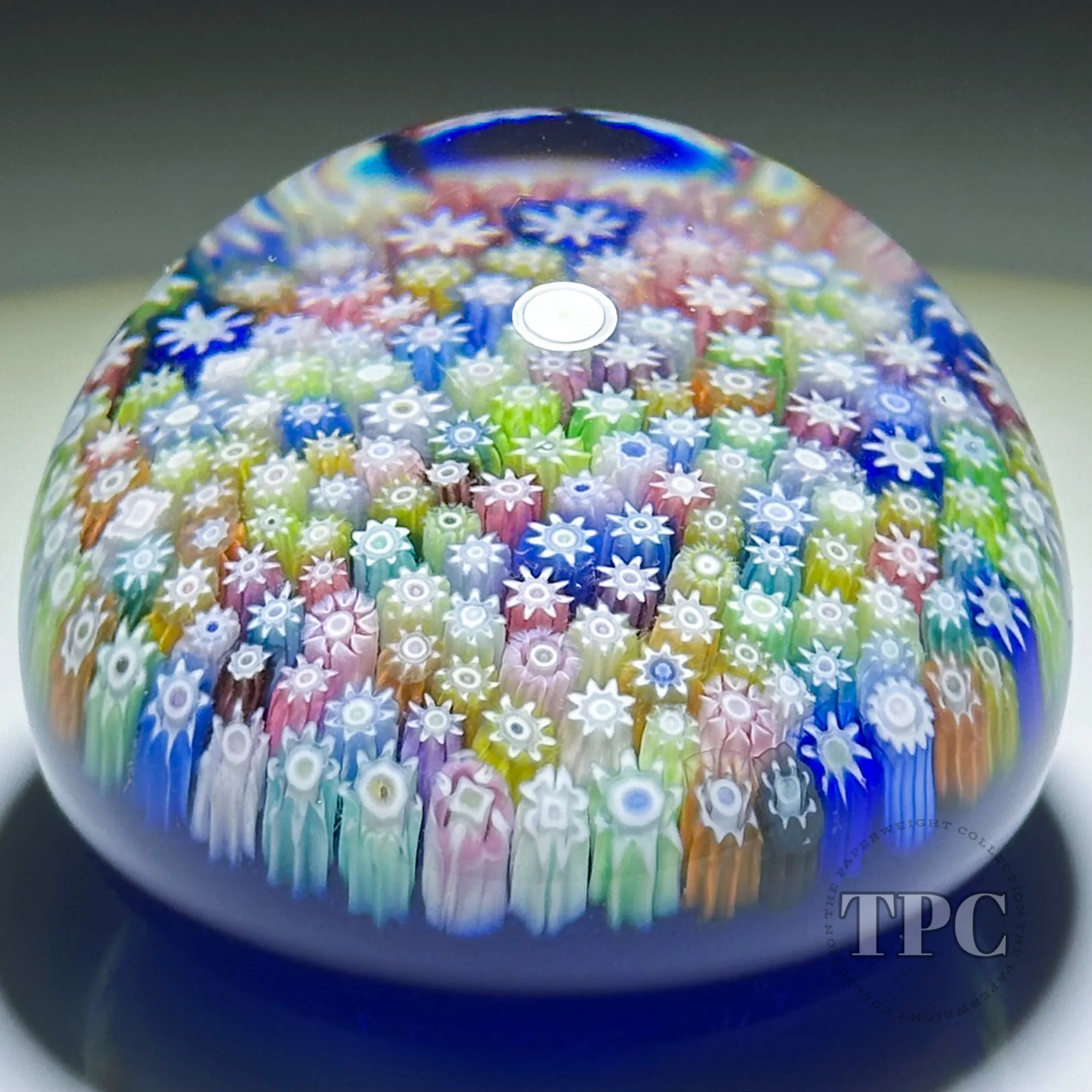 Perthshire Miniature Glass Art Paperweight Colorful Closepack Millefiori on Blue