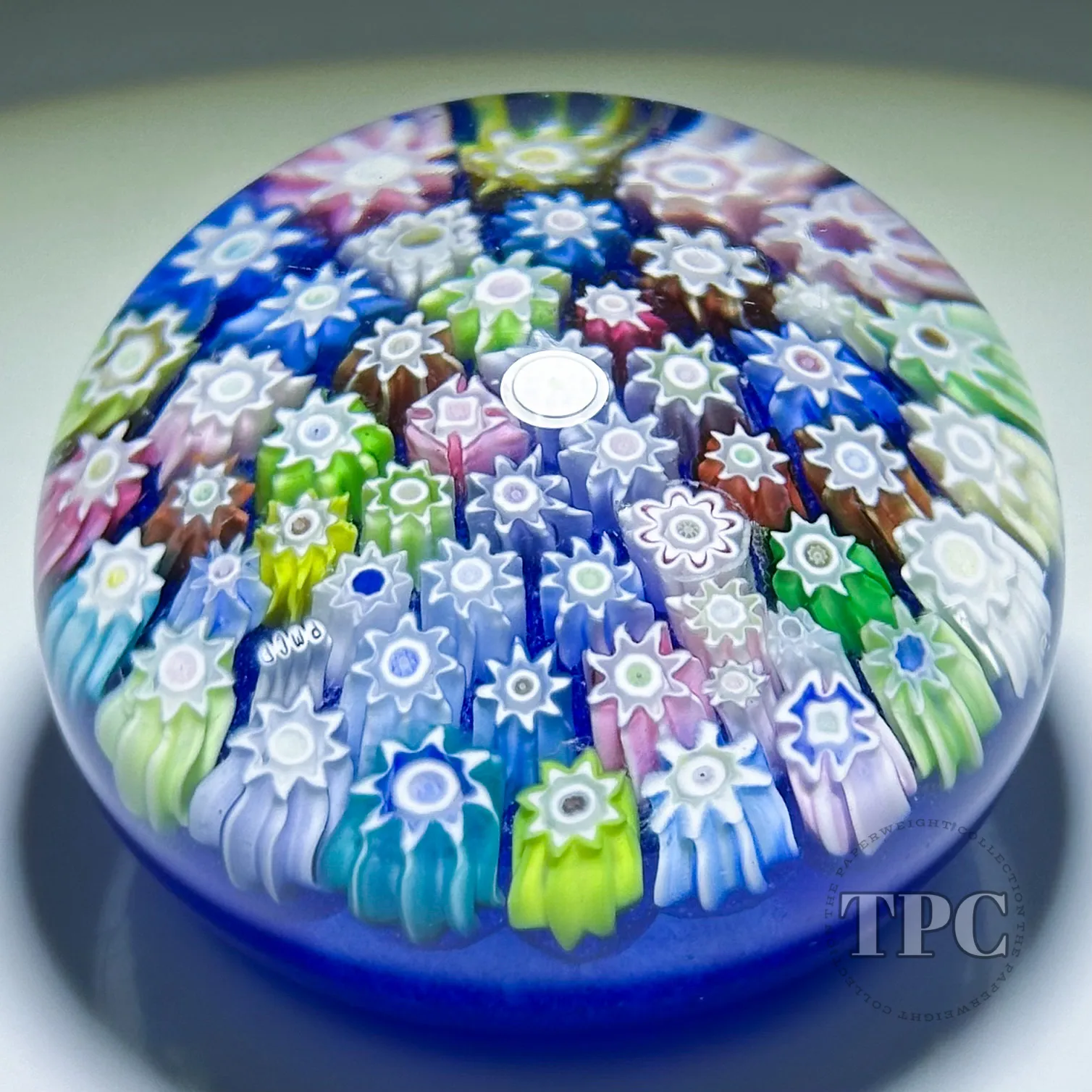 Peter McDougall Miniature Glass Art Paperweight Colorful Closepack Millefiori on Blue