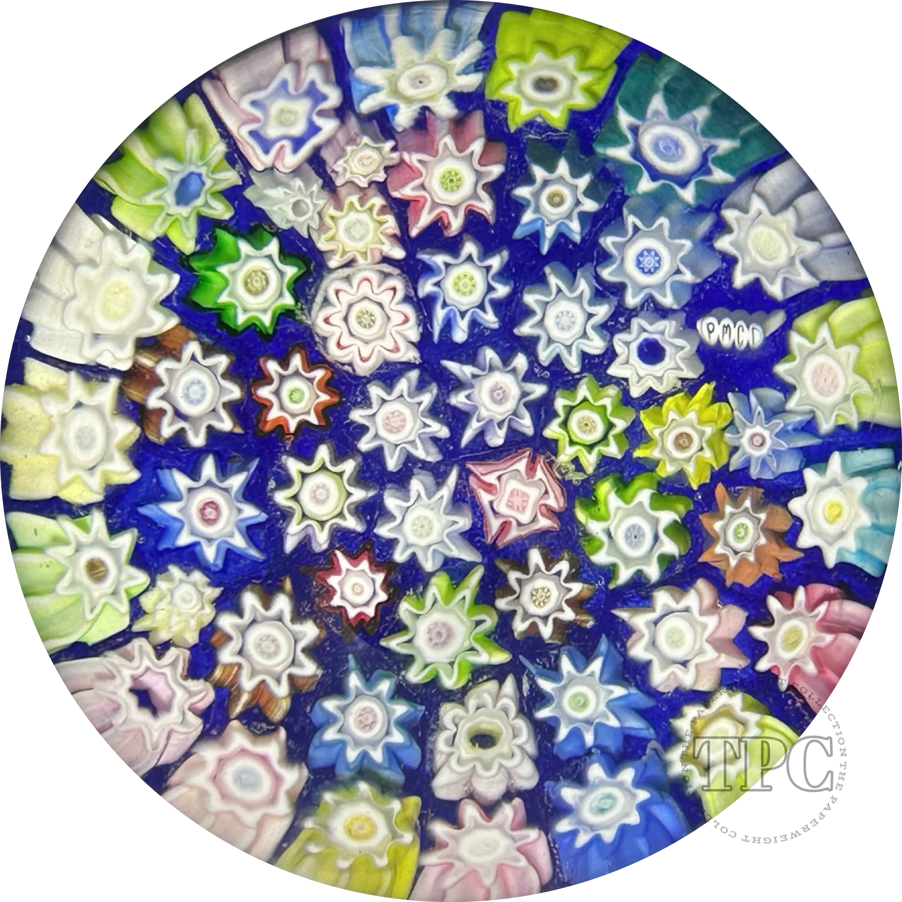 Peter McDougall Miniature Glass Art Paperweight Colorful Closepack Millefiori on Blue