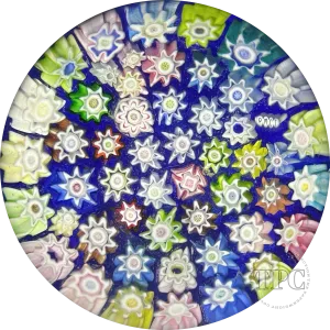 Peter McDougall Miniature Glass Art Paperweight Colorful Closepack Millefiori on Blue