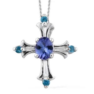 Platinum over Sterling Silver AAA Tanzanite and Neon Apatite Cross Pendant and 20" Chain